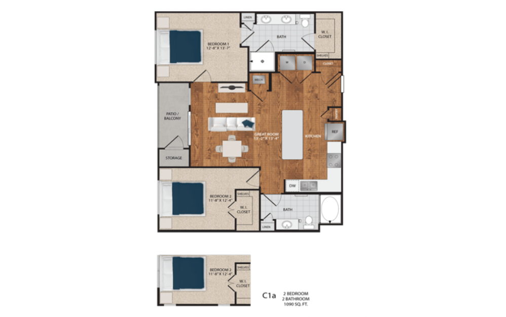 C1 - 2 bedroom floorplan layout with 2 baths and 1090 square feet.