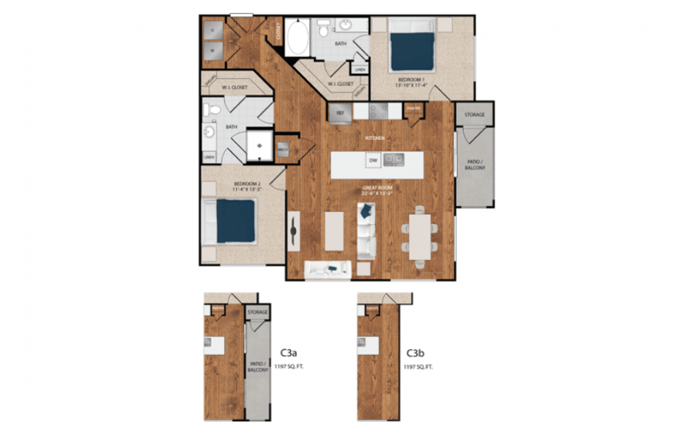 C3 - 2 bedroom floorplan layout with 2 baths and 1197 square feet.