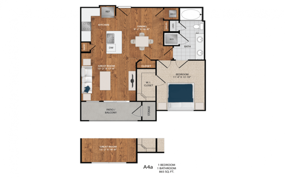 A4 - 1 bedroom floorplan layout with 1 bath and 785 to 865 square feet.